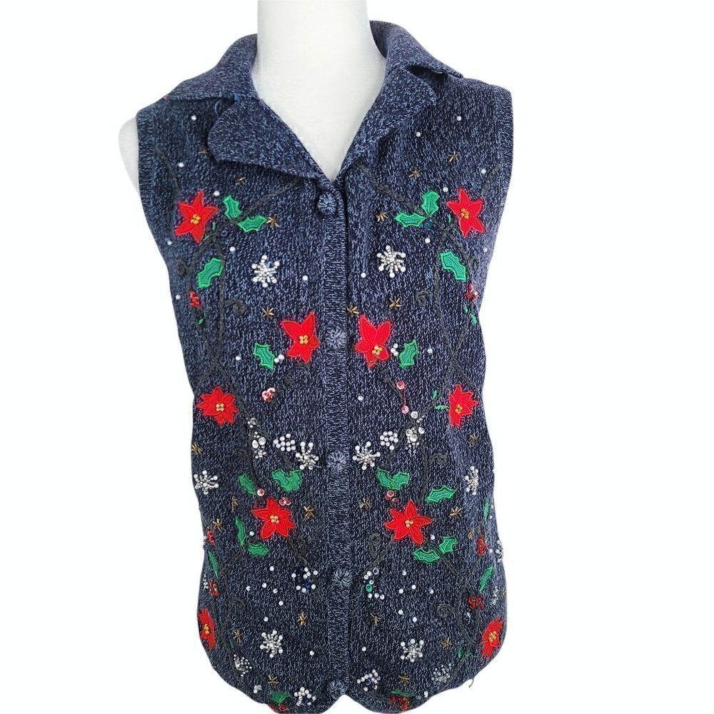 Vintage 90s Field Gear Embroidered Beaded Heavy Knit Christmas Sweater Vest